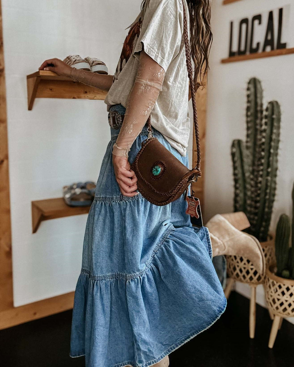 Flowy Tiered Denim Skirt With Ruffle Hem - Blue - 2