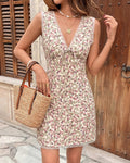 Sleeveless Meadow Print Tie Front Mini Dress - Apricot