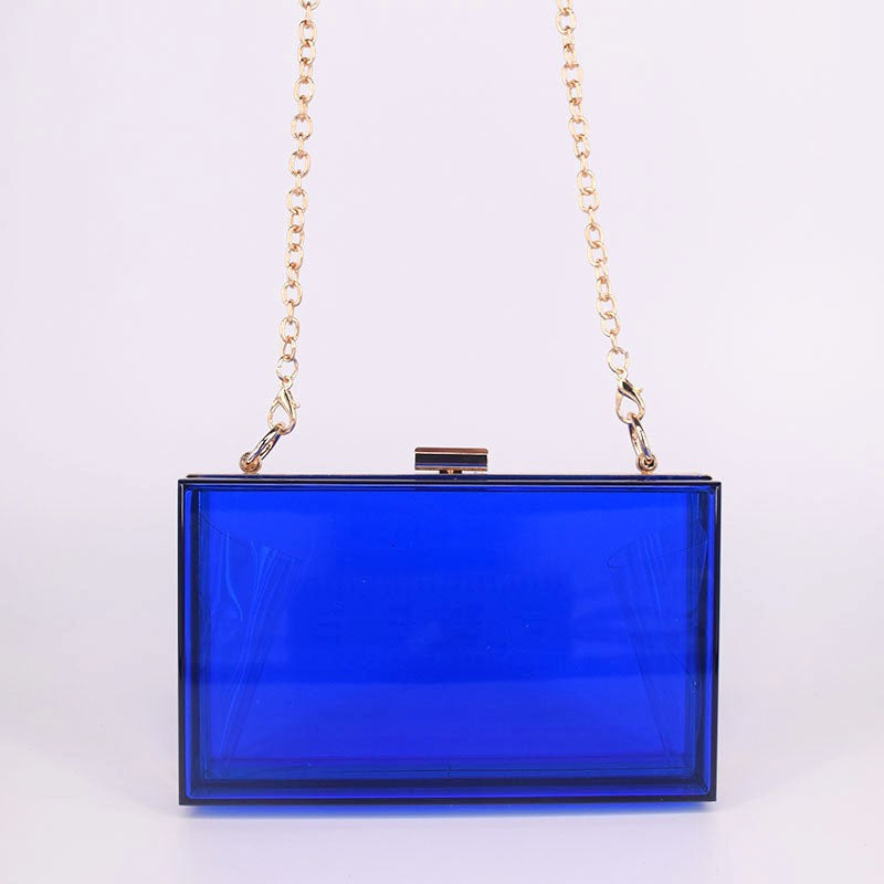 Acrylic Box Clutch with Chain Strap - Clear Cobalt