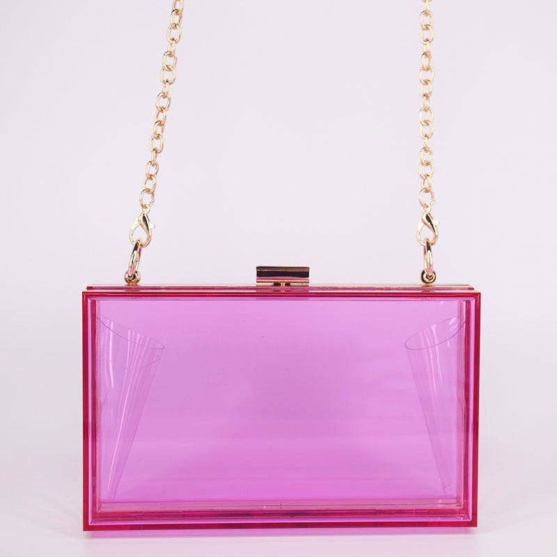 Acrylic Box Clutch with Chain Strap - Clear Magenta