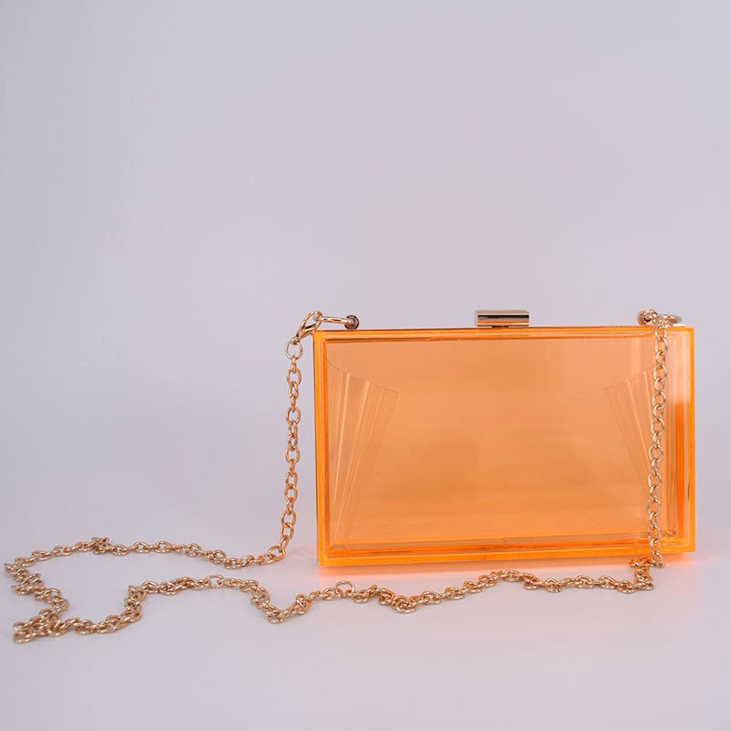 Acrylic Box Clutch with Chain Strap - Clear Orange