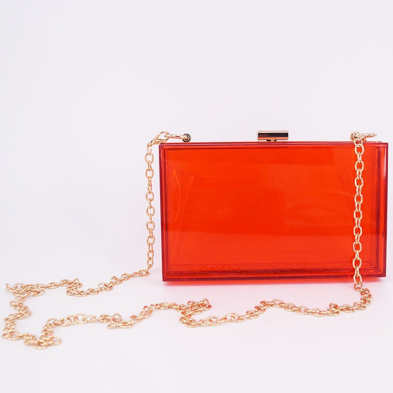 Acrylic Box Clutch with Chain Strap - Clear Red