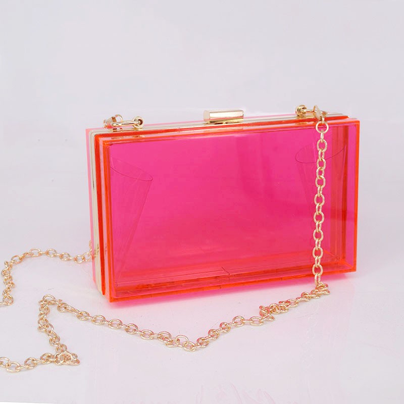Acrylic Box Clutch with Chain Strap - Neon Pink