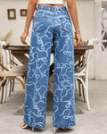 Line Drawn Bow Print Wide Leg Jeans - Blue