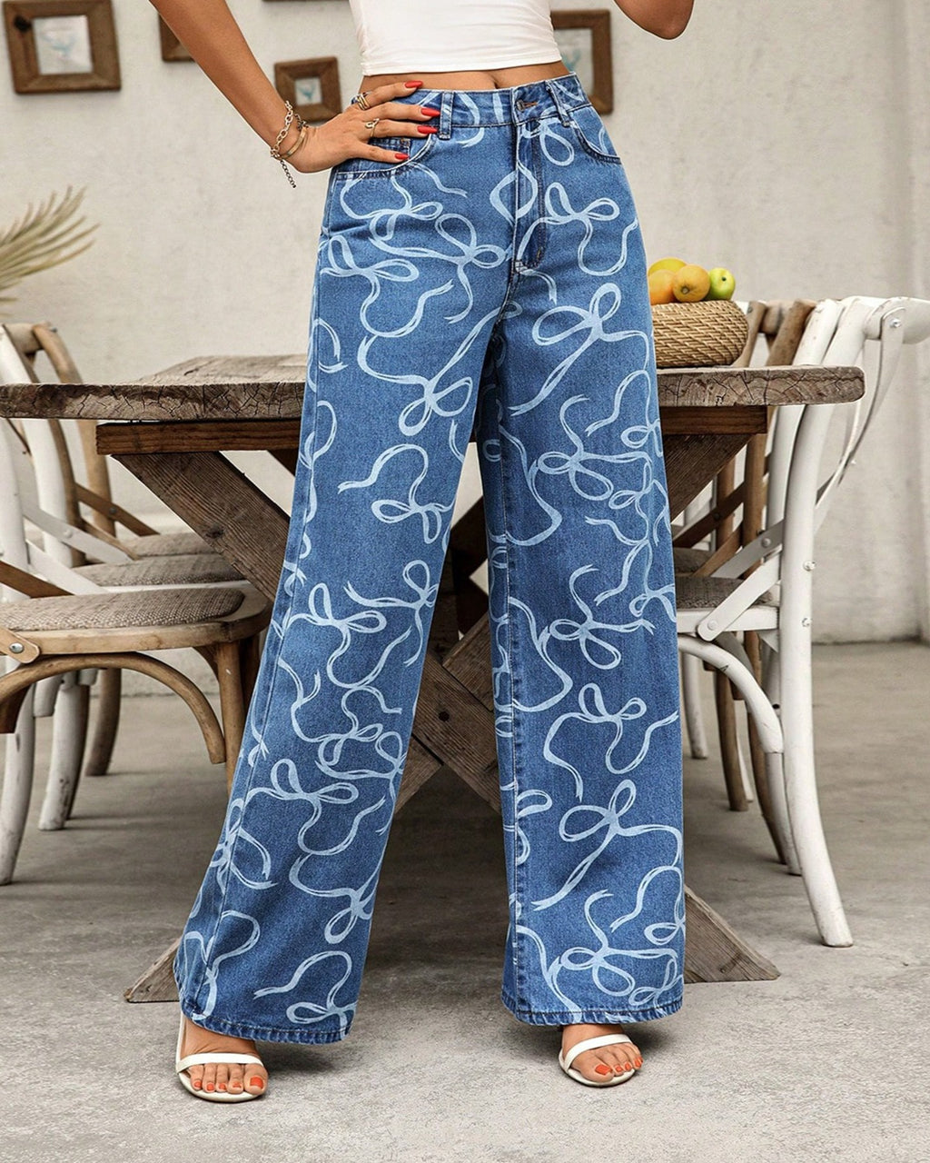 Line Drawn Bow Print Wide Leg Jeans - Blue - 1