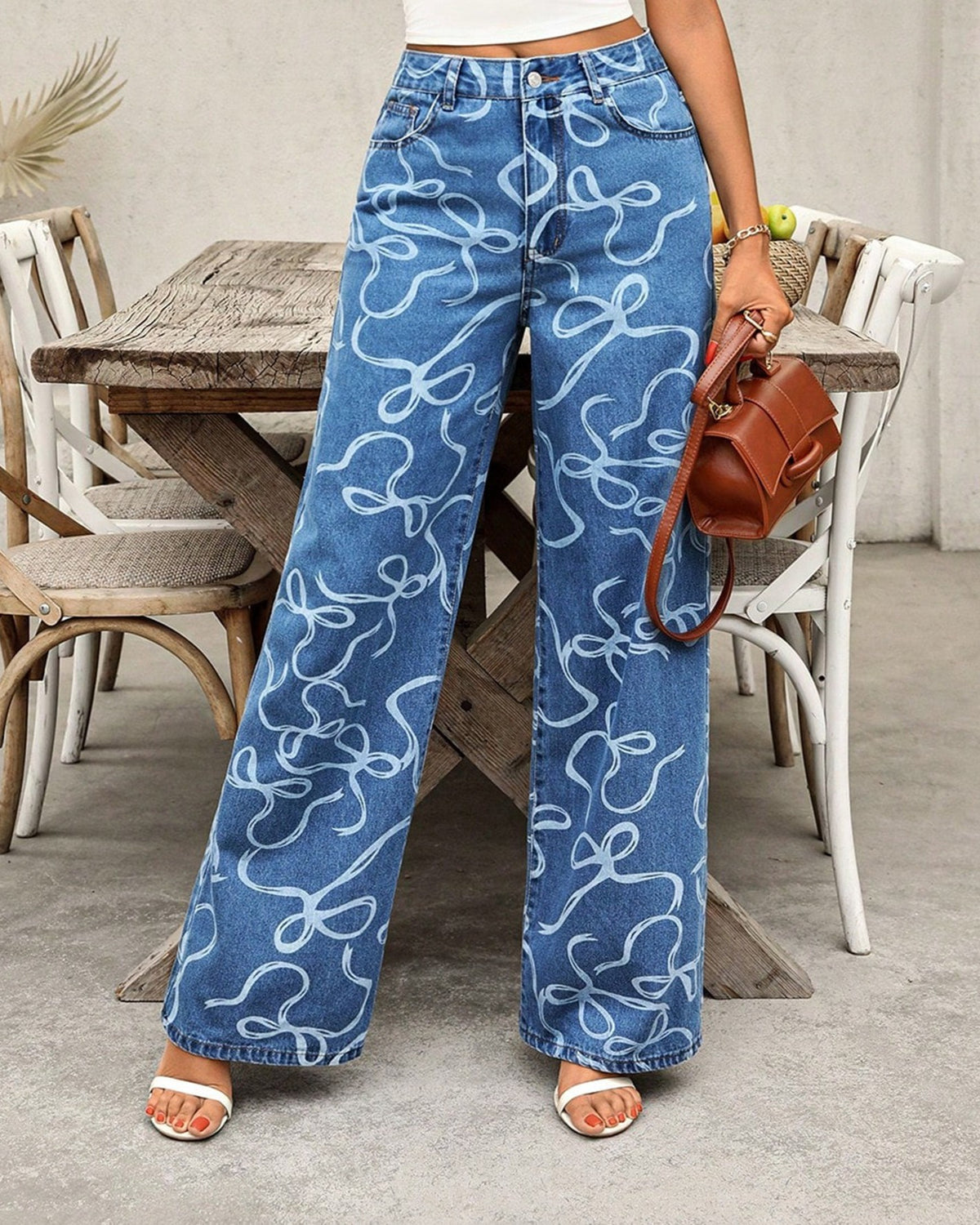 Line Drawn Bow Print Wide Leg Jeans - Blue - 2
