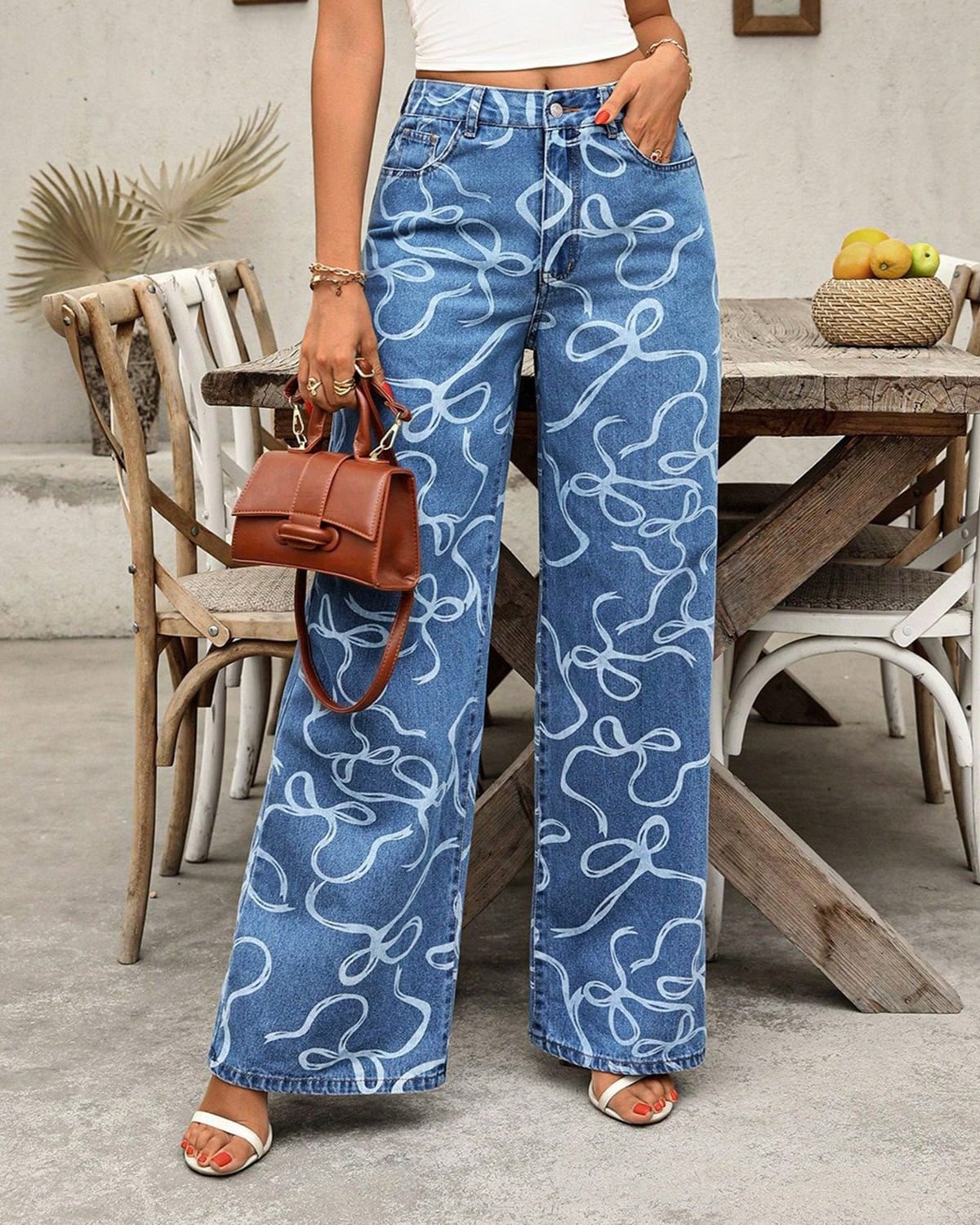 Line Drawn Bow Print Wide Leg Jeans - Blue - 3