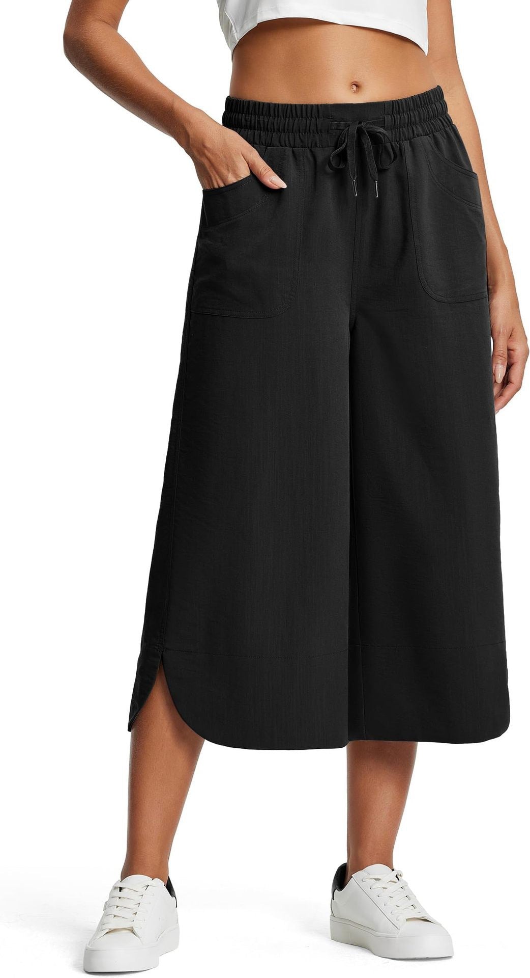 Drawstring Waist Wide Leg Cropped Pants - Black