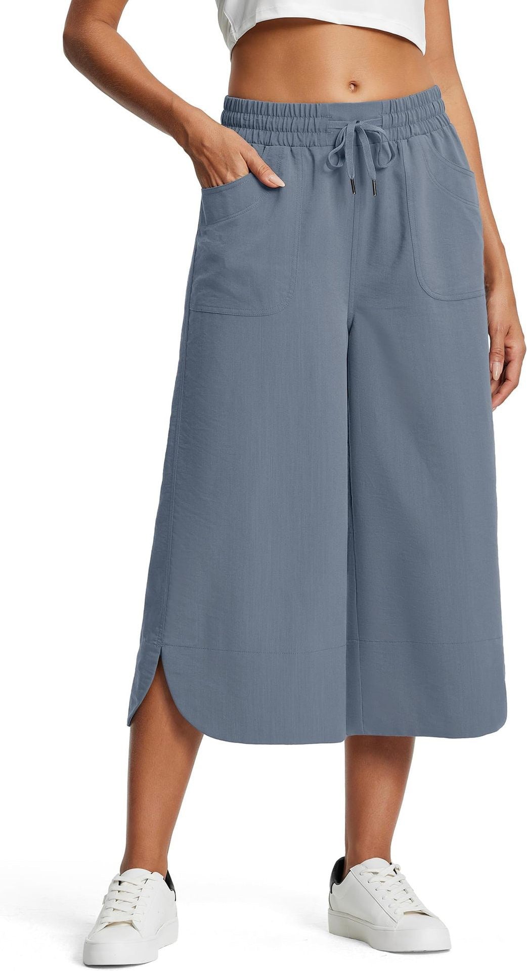 Drawstring Waist Wide Leg Cropped Pants - Blue
