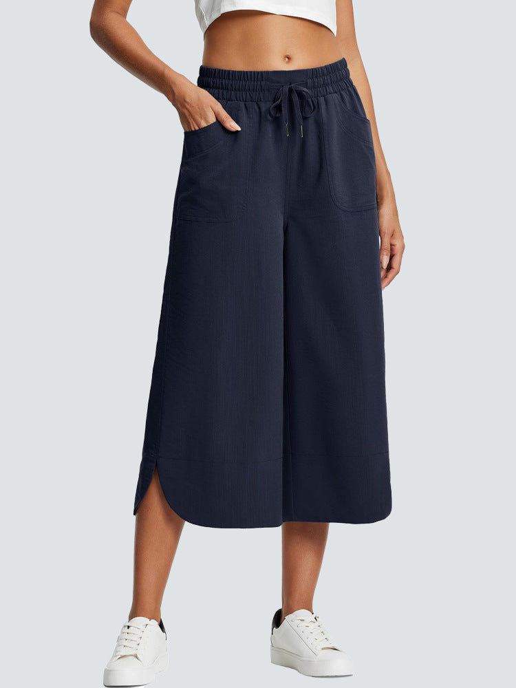 Drawstring Waist Wide Leg Cropped Pants - DarkBlue