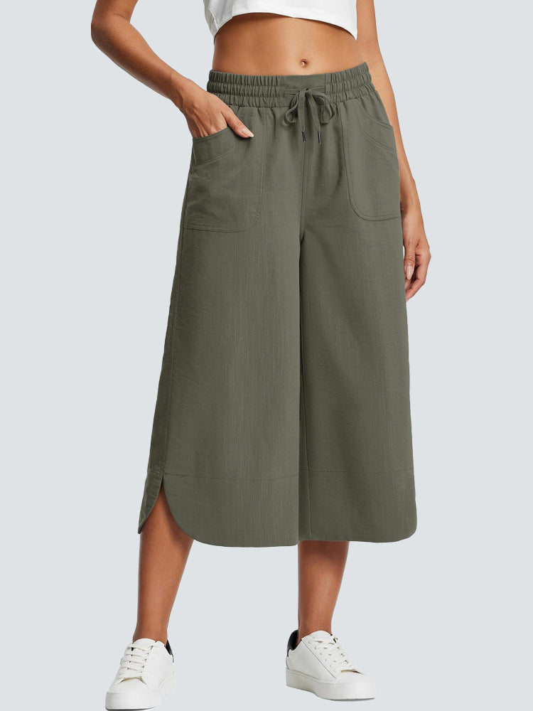 Drawstring Waist Wide Leg Cropped Pants - Green