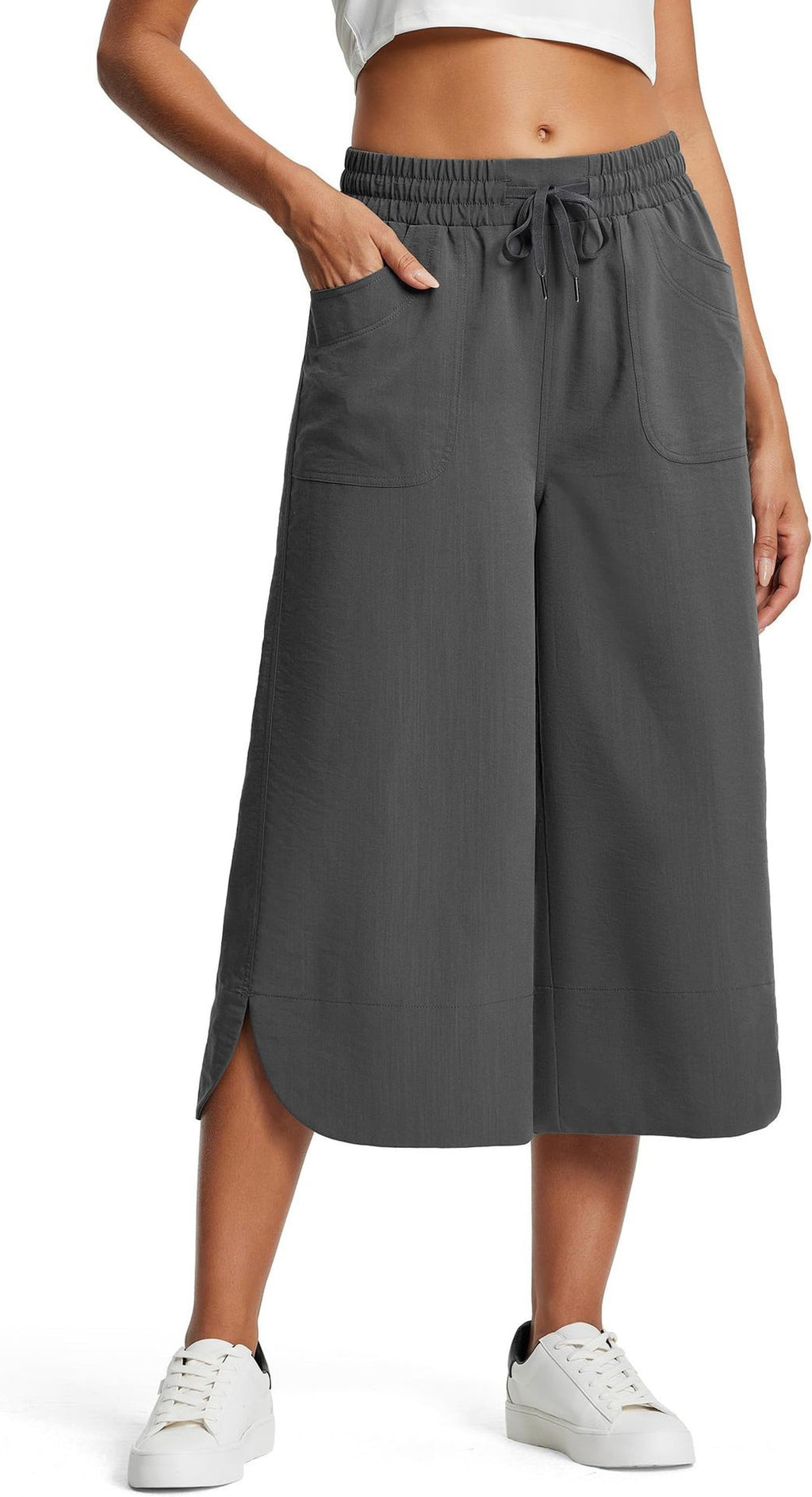 Drawstring Waist Wide Leg Cropped Pants - Grey