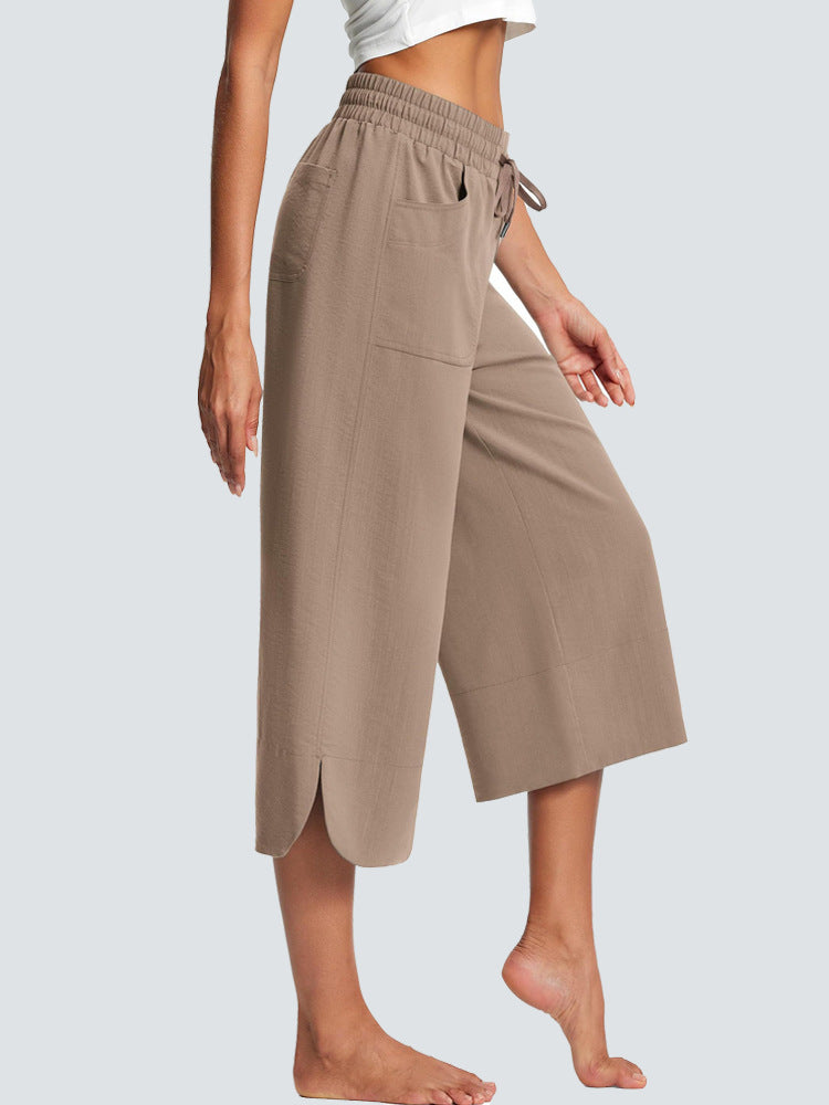 Drawstring Waist Wide Leg Cropped Pants - Khaki