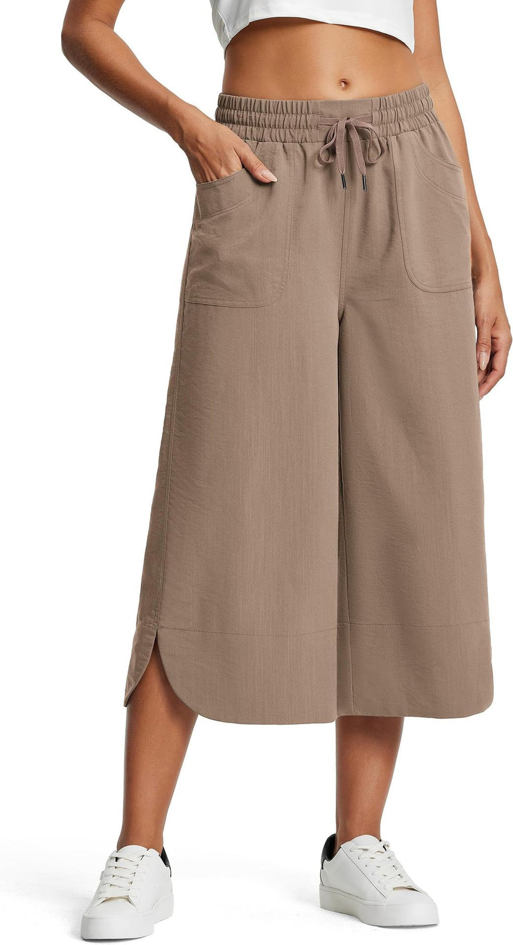 Drawstring Waist Wide Leg Cropped Pants - Khaki - 1