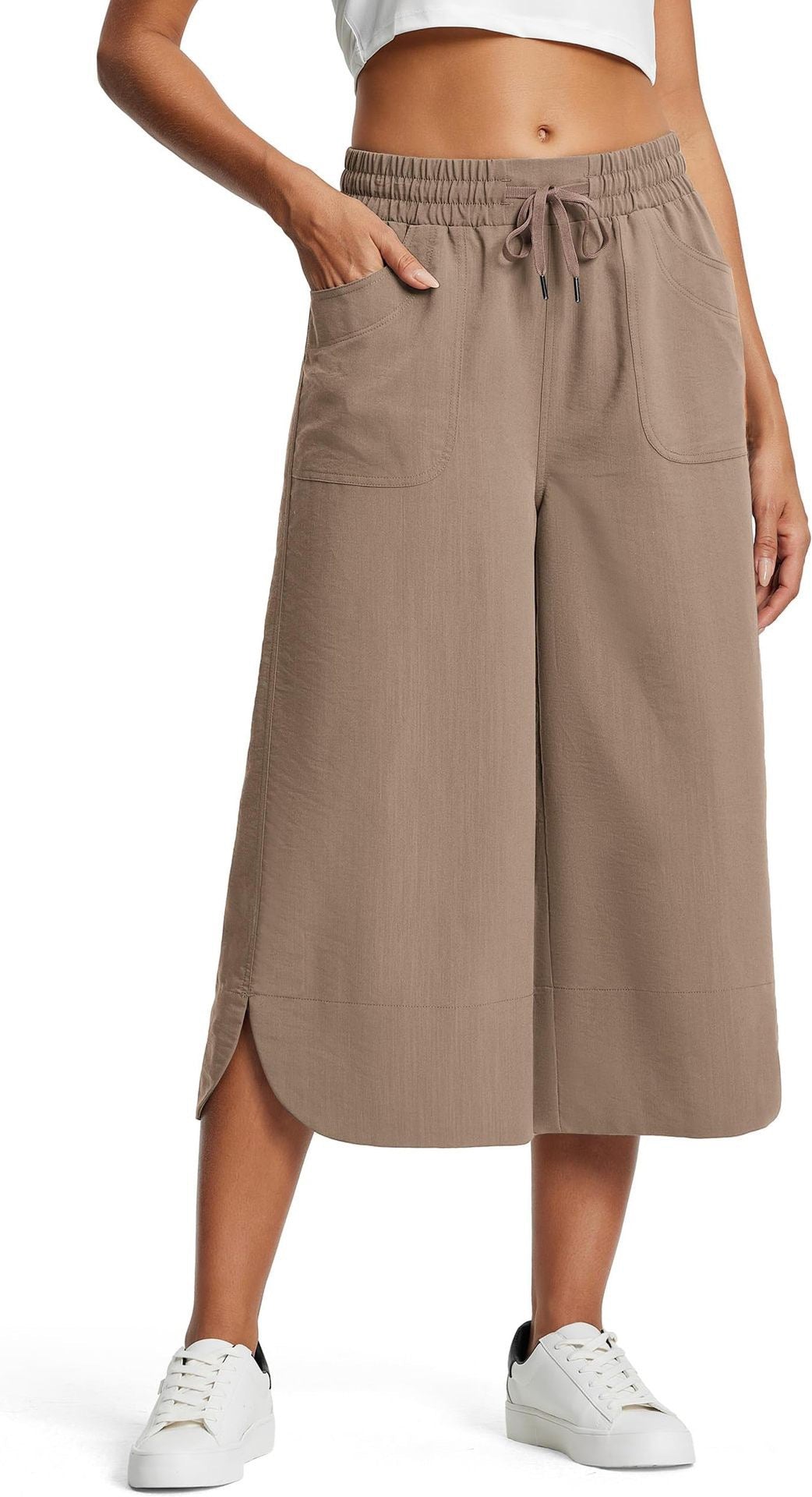 Drawstring Waist Wide Leg Cropped Pants - Khaki - 1