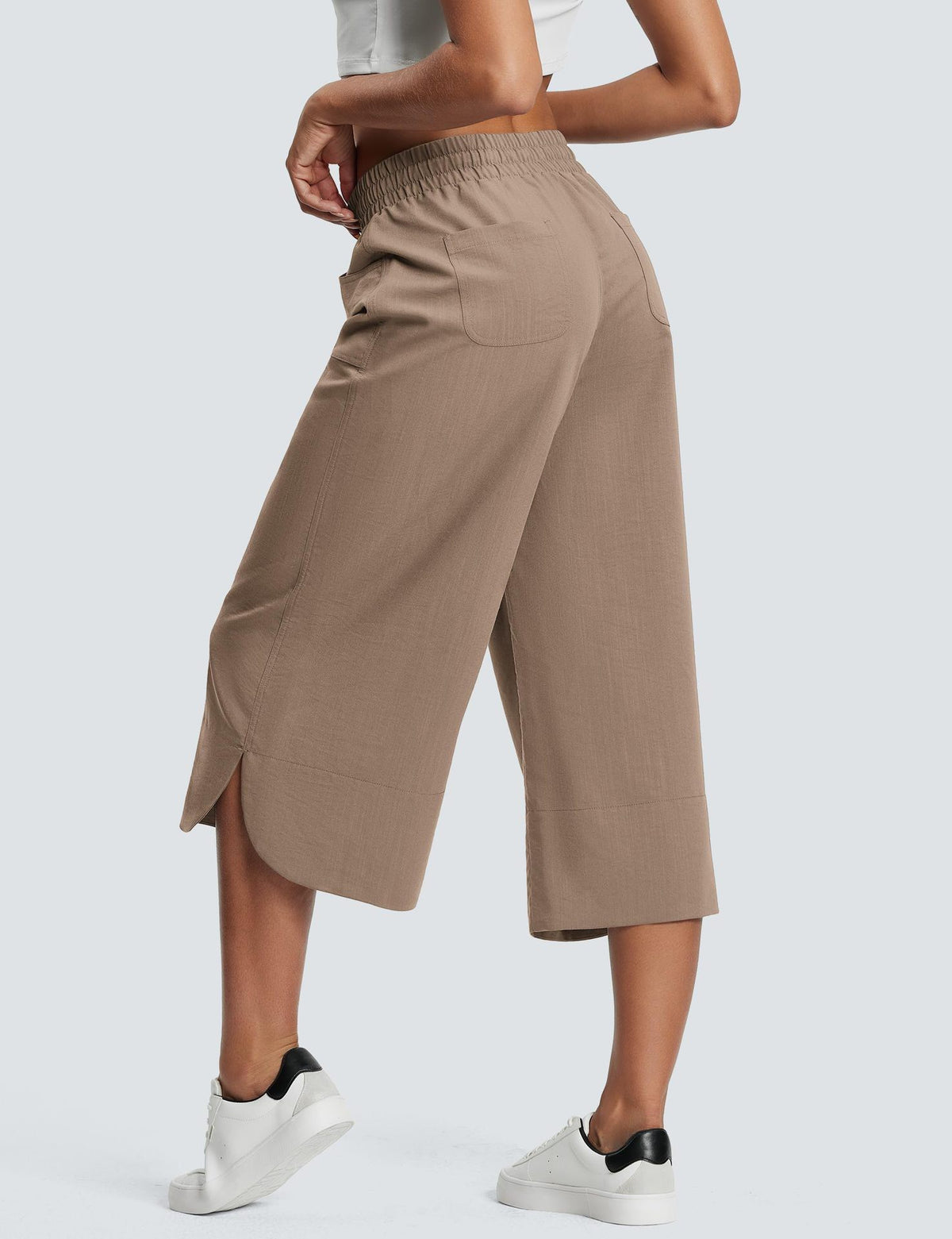 Drawstring Waist Wide Leg Cropped Pants - Khaki - 2