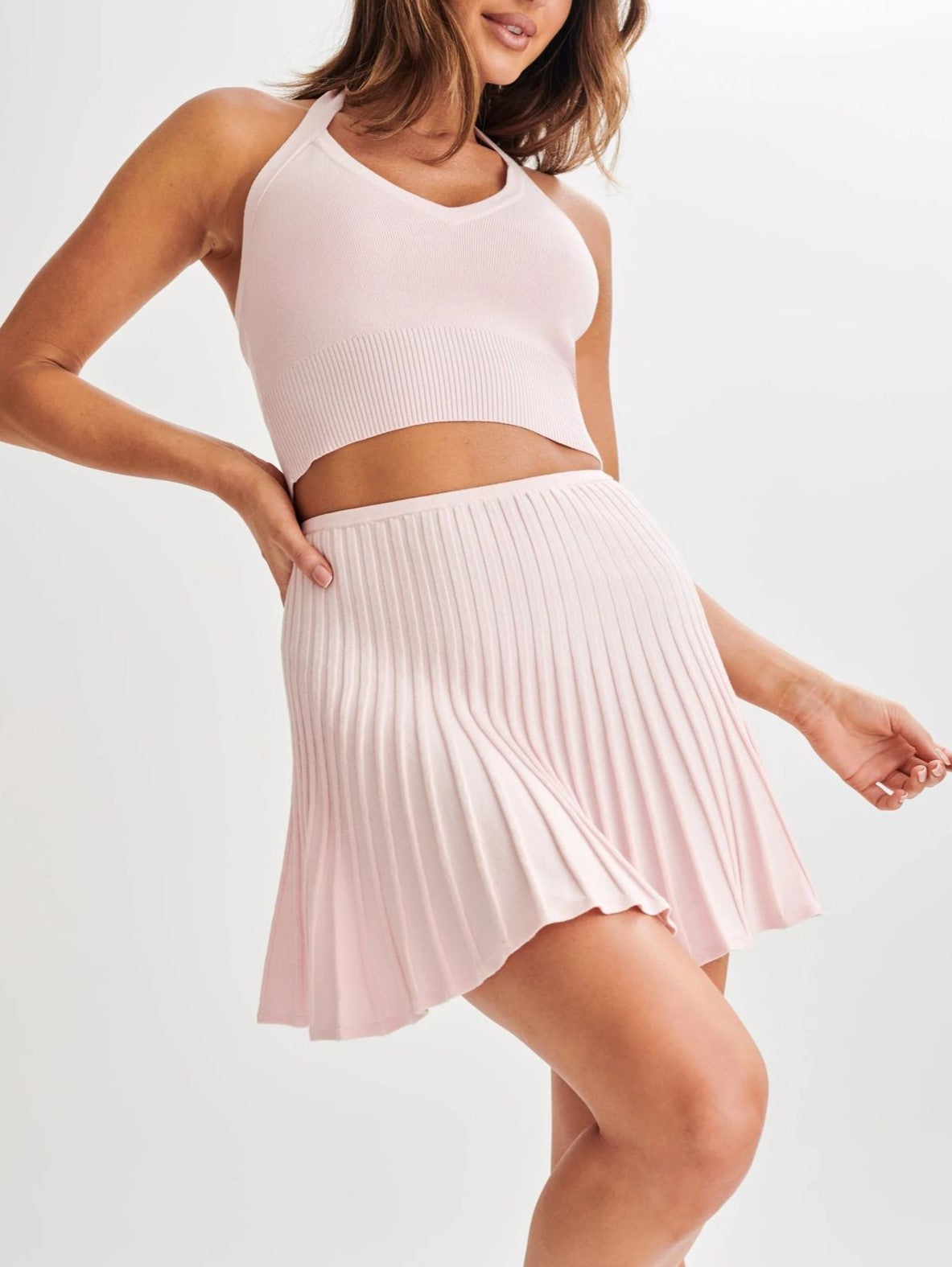 Halter Crop Top Pleated Skirt Set - Pink - 2