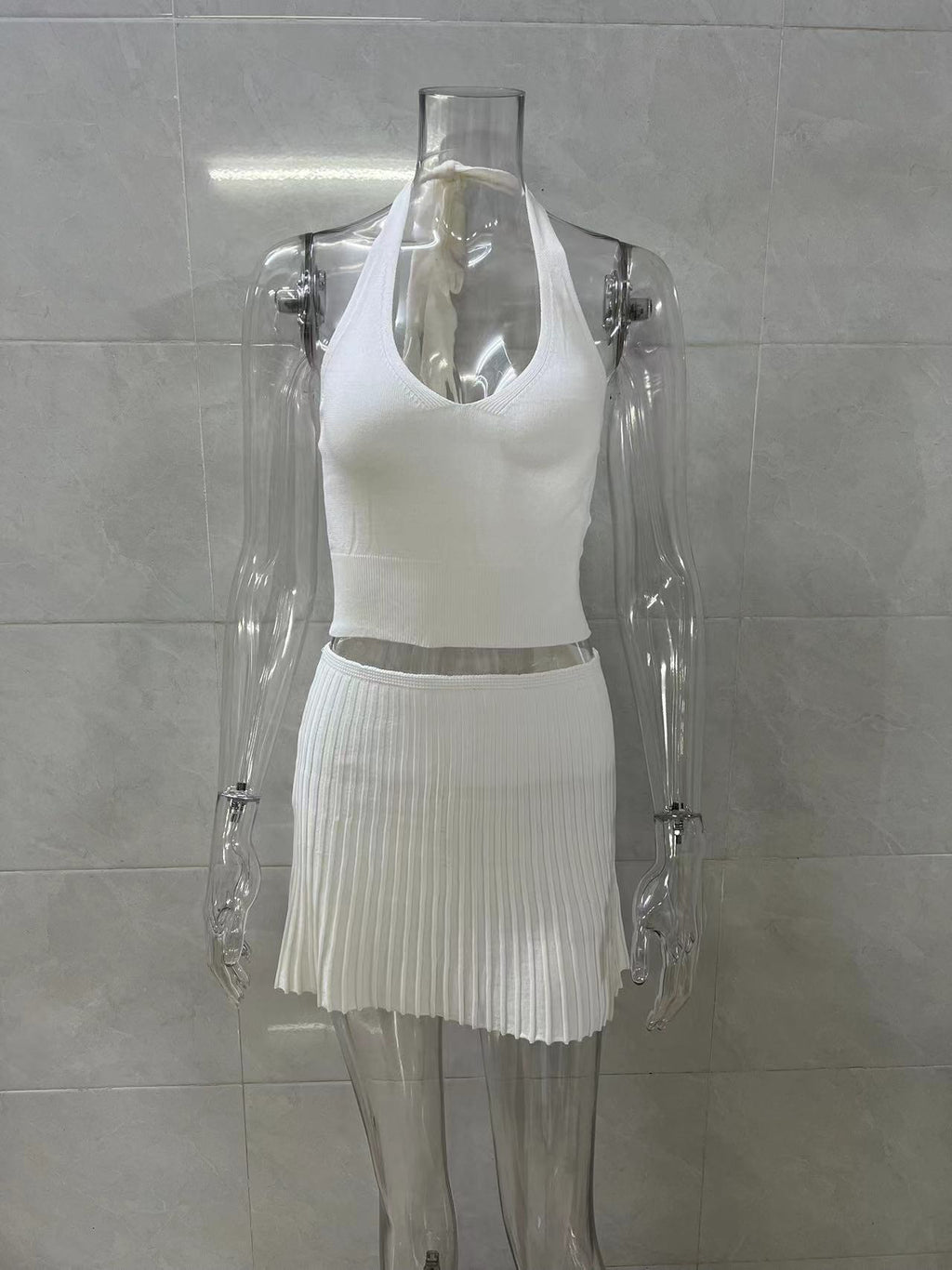 Halter Crop Top Pleated Skirt Set - White - 1