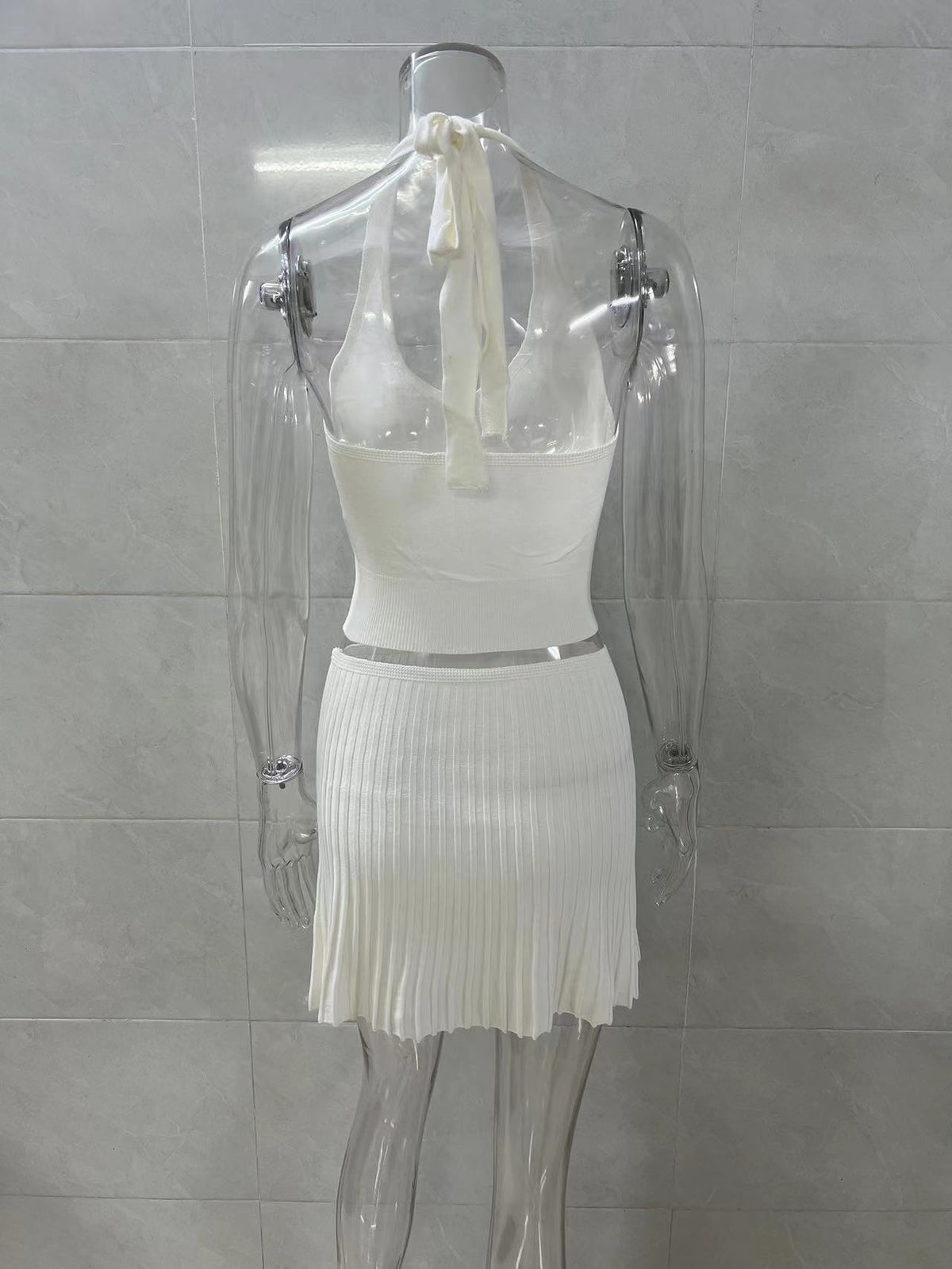 Halter Crop Top Pleated Skirt Set - White - 2