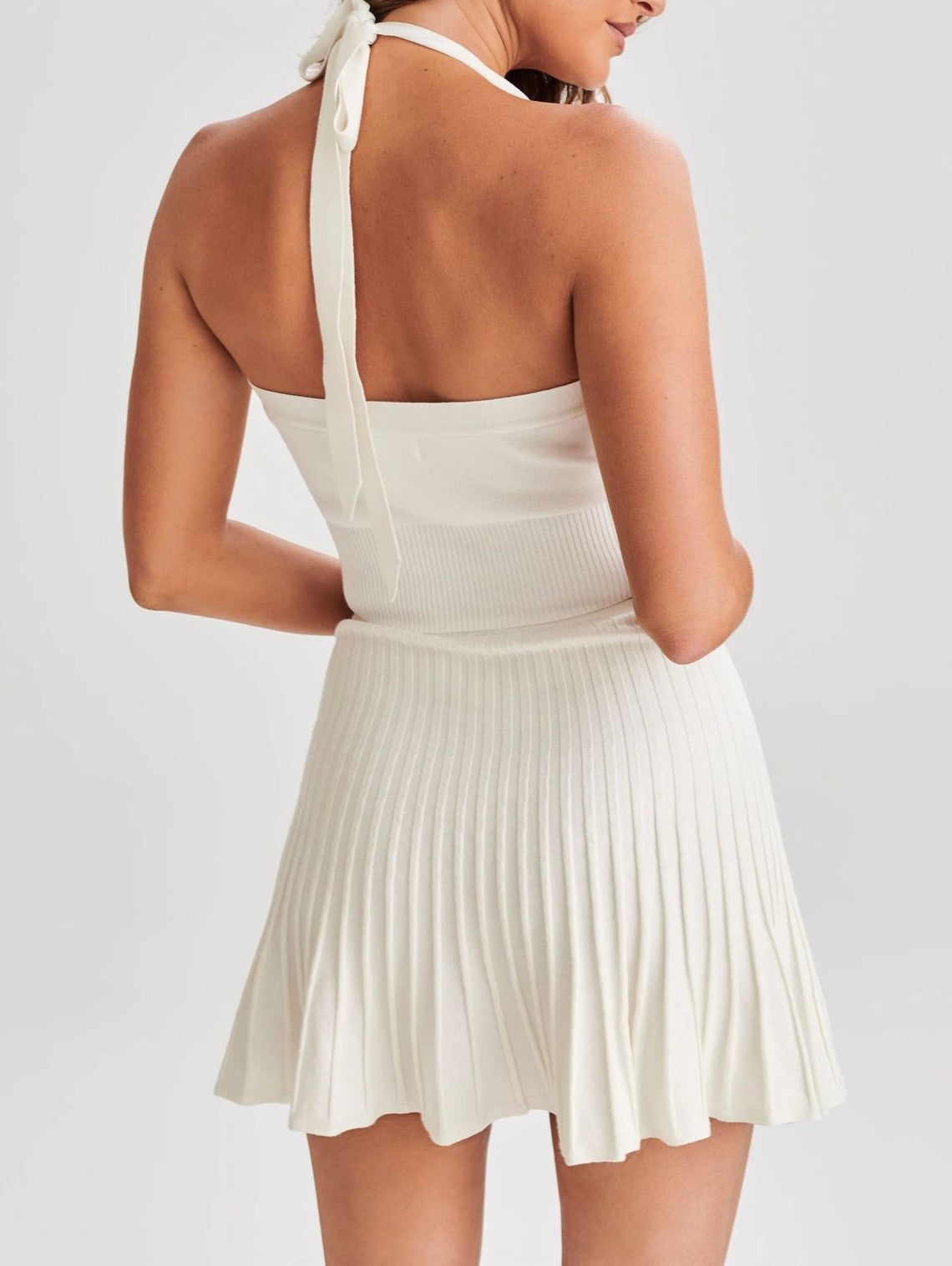 Halter Crop Top Pleated Skirt Set - White - 3