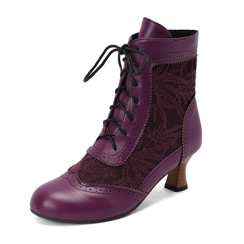 Victorian Lace Up Kitten Heel Ankle Boots - Purple
