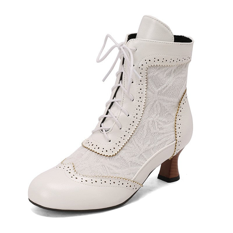 Victorian Lace Up Kitten Heel Ankle Boots - White