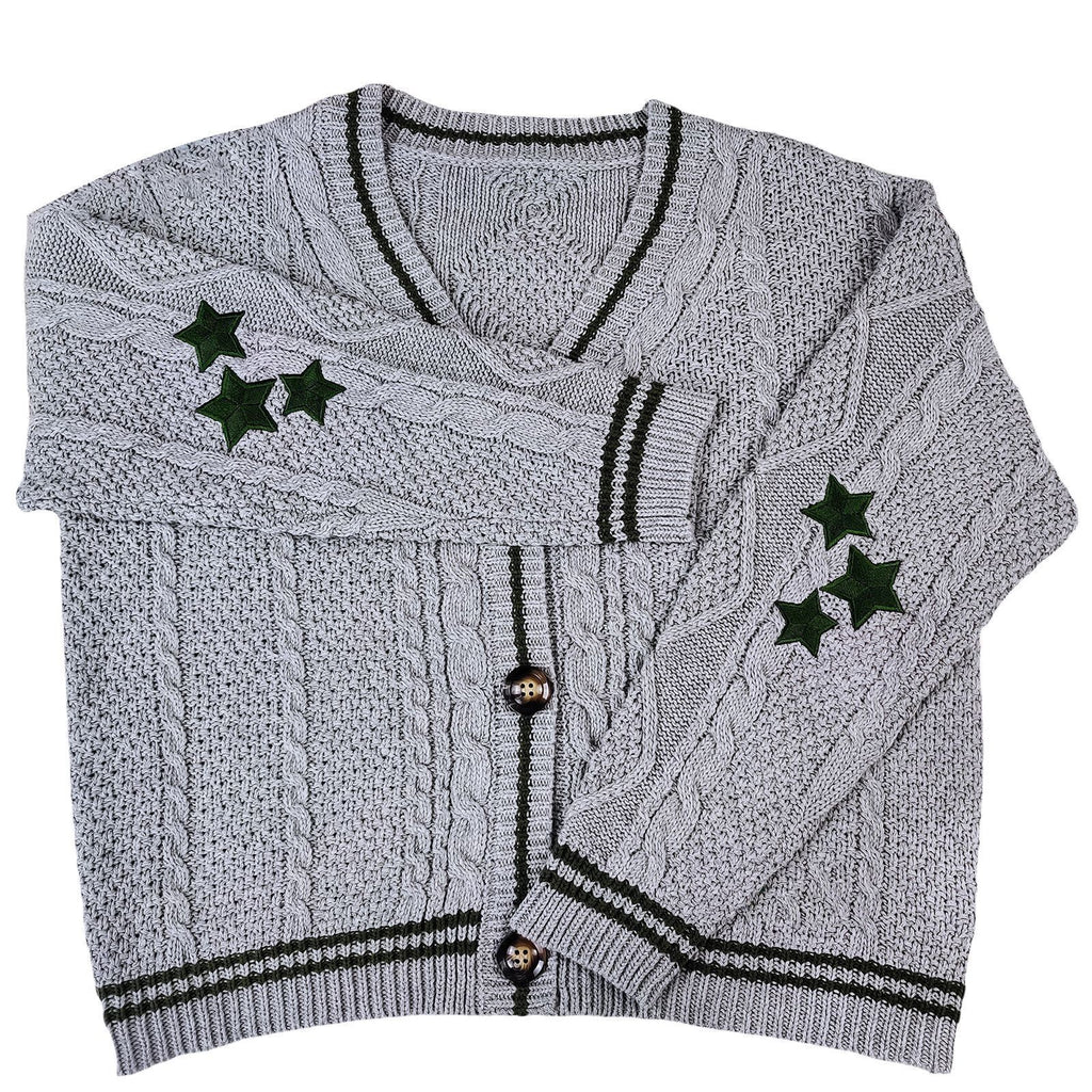 Cable Knit Varsity Stripe Star Cardigan - Grey