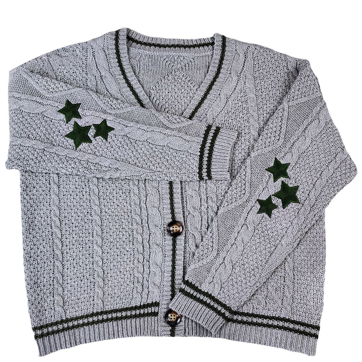 Cable Knit Varsity Stripe Star Cardigan - Grey