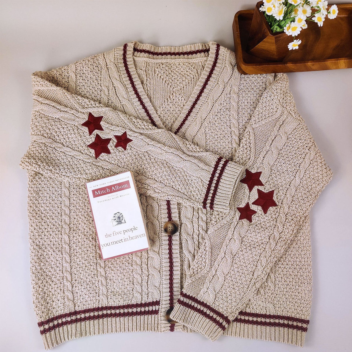 Cable Knit Varsity Stripe Star Cardigan - Red