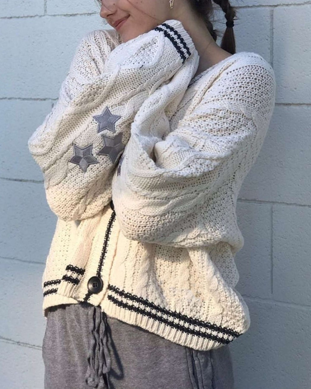 Cable Knit Varsity Stripe Star Cardigan - White