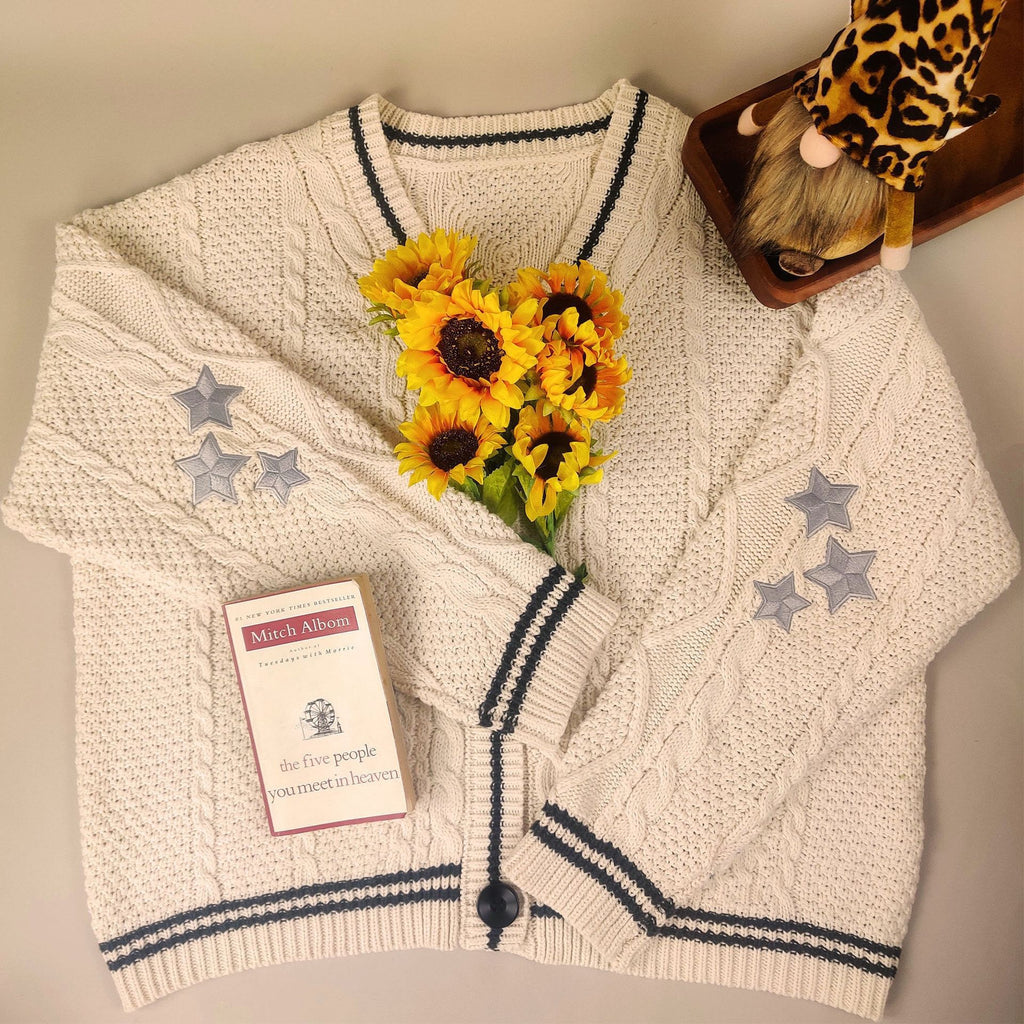 Cable Knit Varsity Stripe Star Cardigan - White - 1
