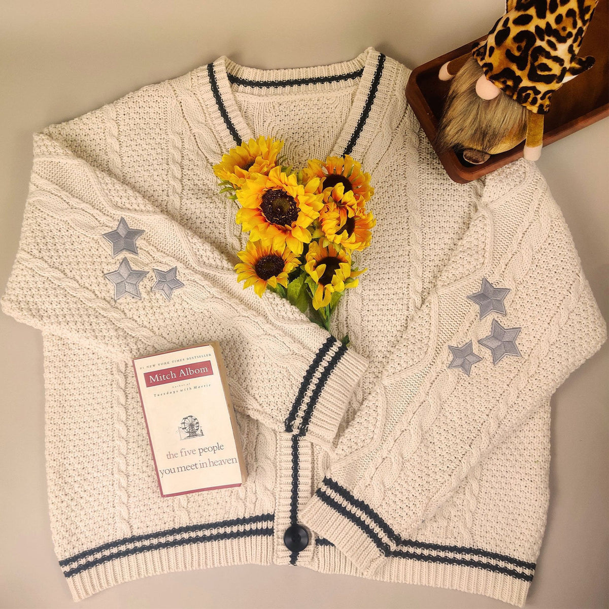 Cable Knit Varsity Stripe Star Cardigan - White - 1