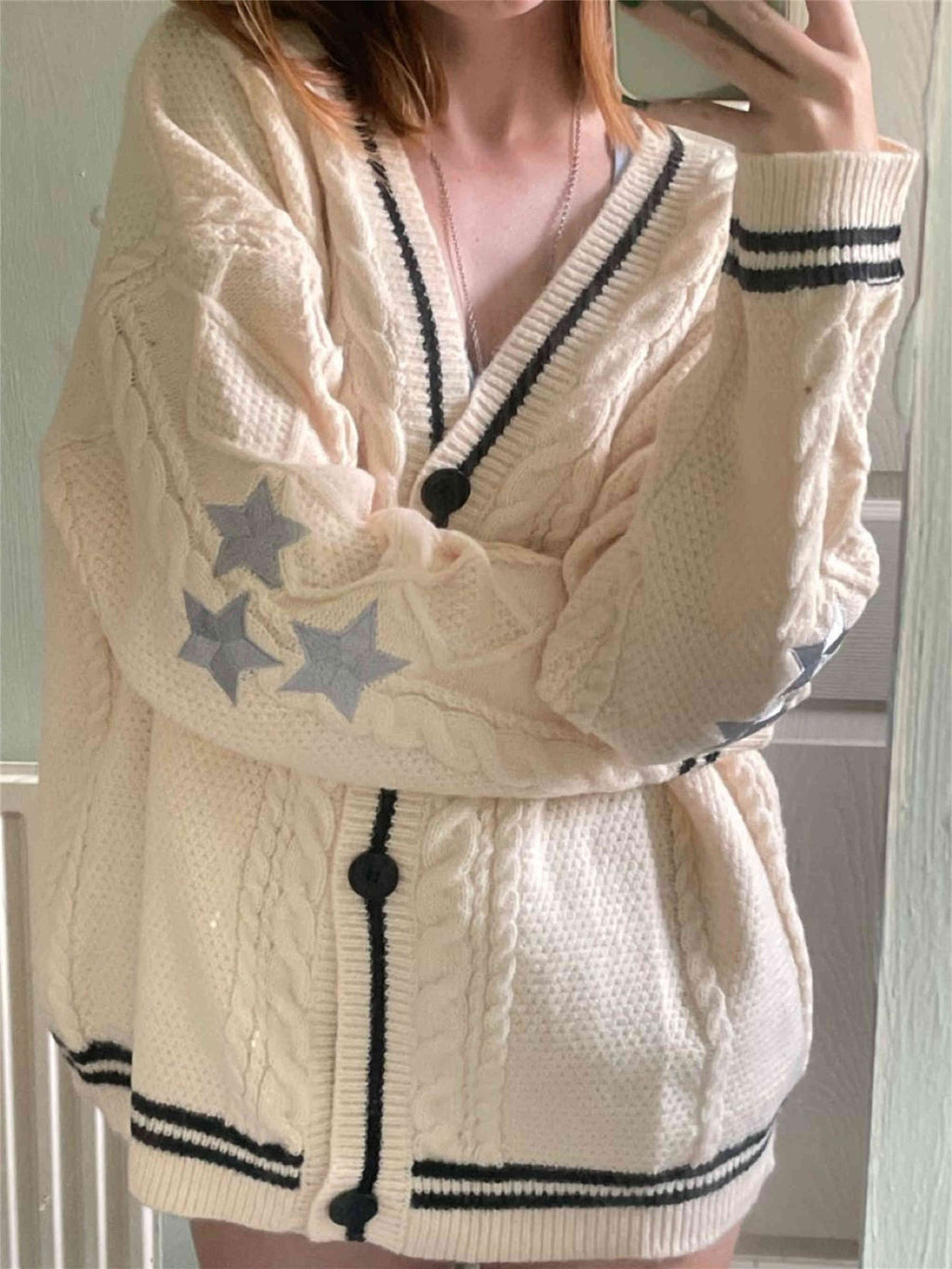Cable Knit Varsity Stripe Star Cardigan - White - 2