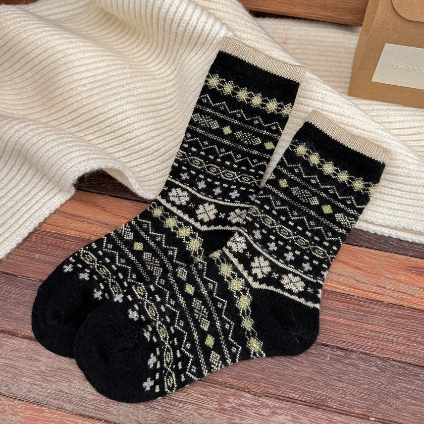 Nordic Fair Isle Contrast Cuff Knit Crew Socks - Black
