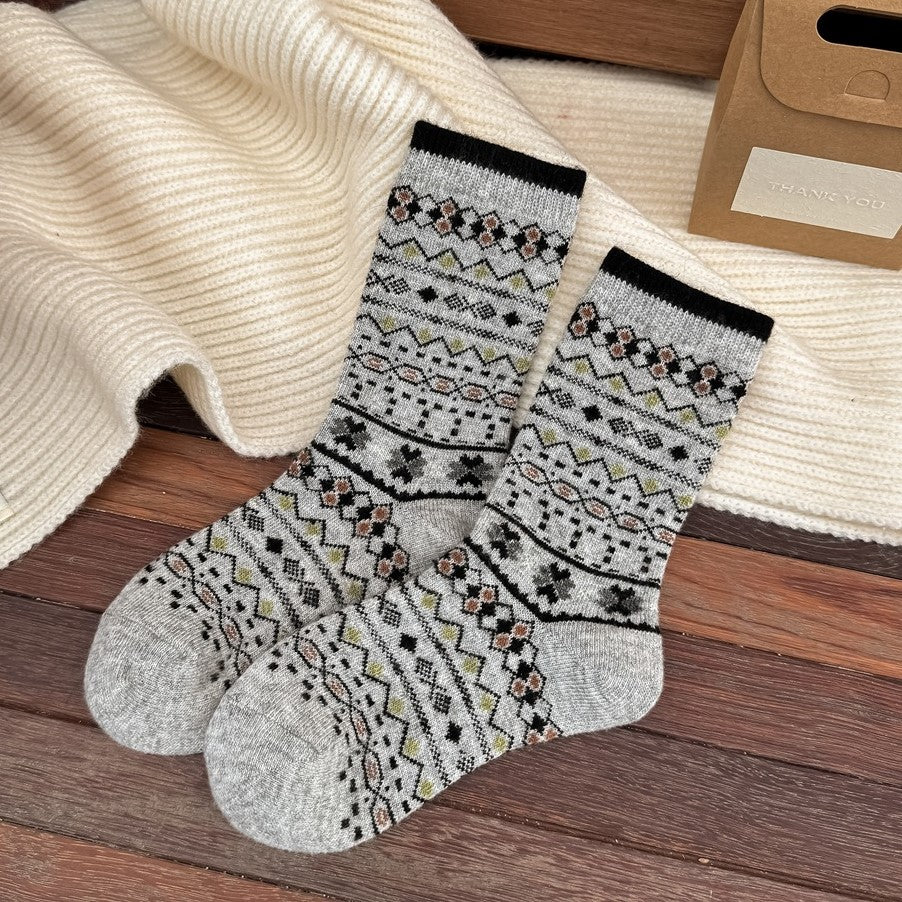 Nordic Fair Isle Contrast Cuff Knit Crew Socks - Grey