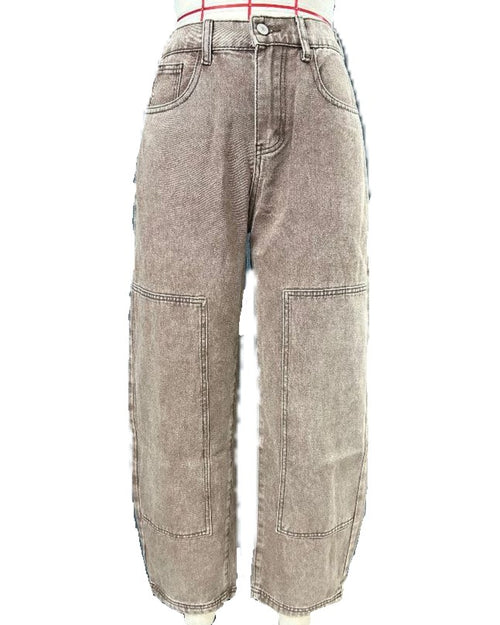 Acid Wash Patch Detail Barrel Jeans - Brown