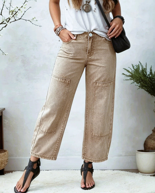 Acid Wash Patch Detail Barrel Jeans