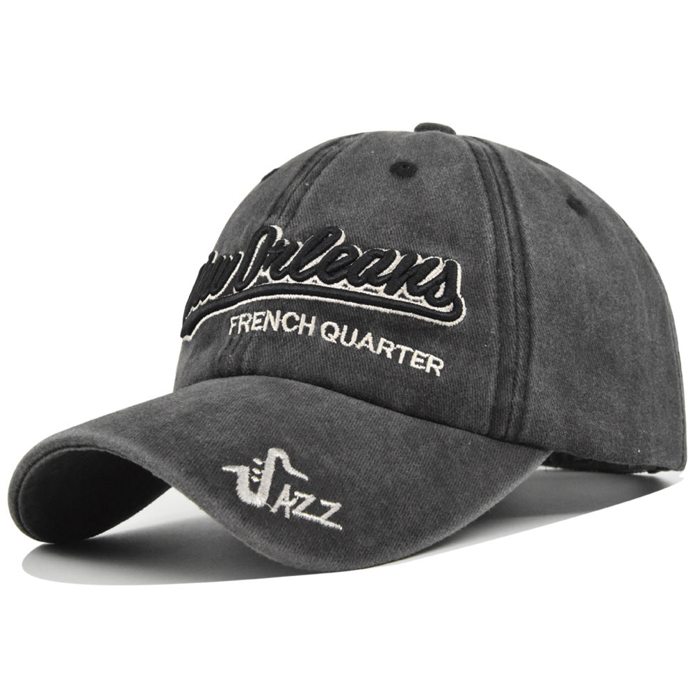 Washed Cotton Script Embroidery Baseball Cap - Black