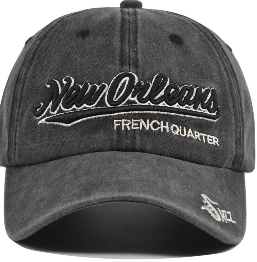 Washed Cotton Script Embroidery Baseball Cap - Black - 1