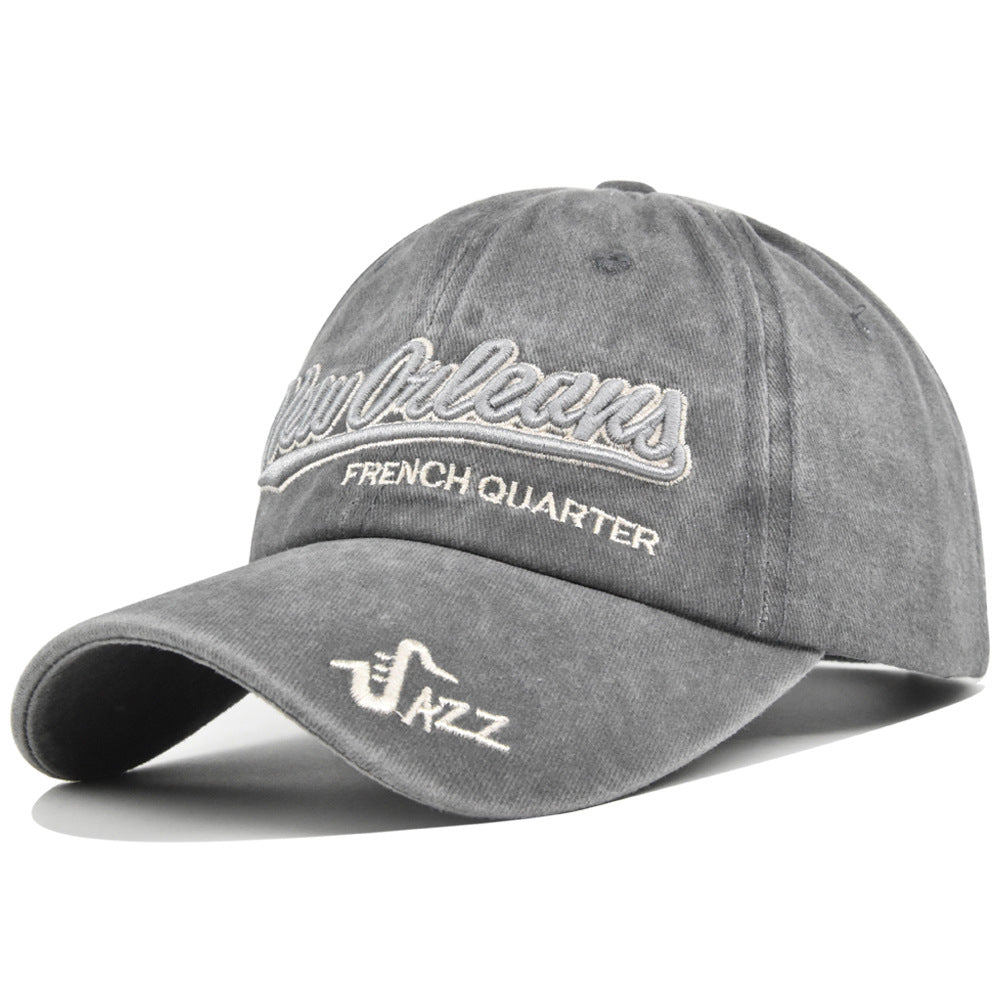 Washed Cotton Script Embroidery Baseball Cap - Grey
