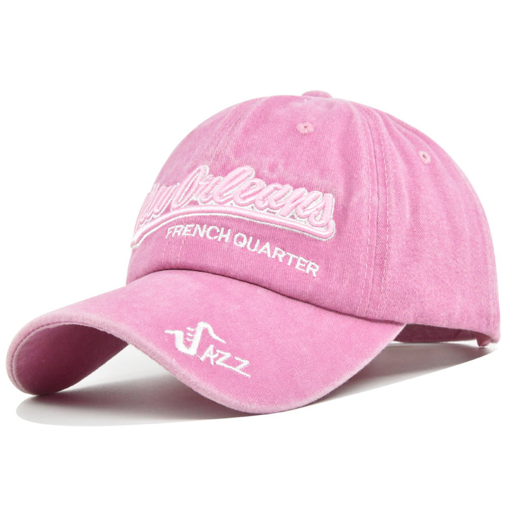 Washed Cotton Script Embroidery Baseball Cap - Pink