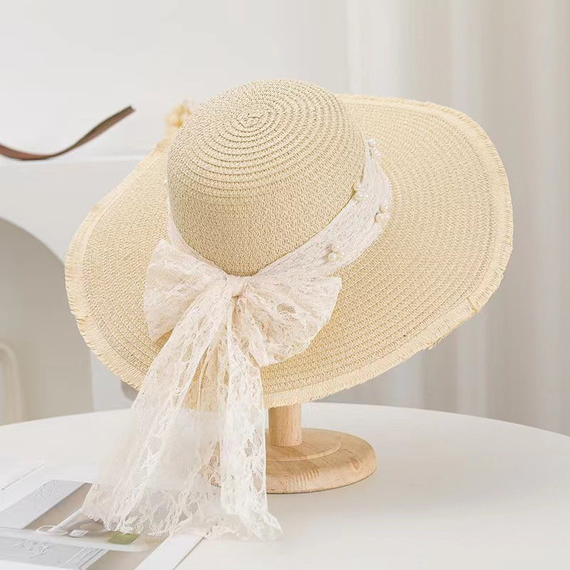 Lace Ribbon Wide Brim Straw Hat - Beige