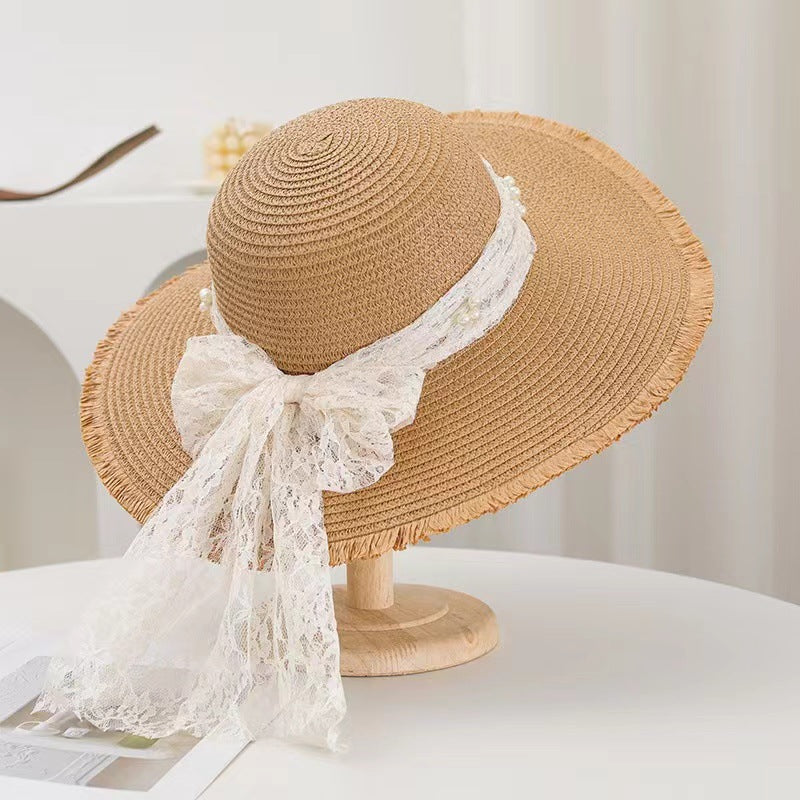 Lace Ribbon Wide Brim Straw Hat - Khaki
