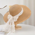 Lace Ribbon Wide Brim Straw Hat - Khaki