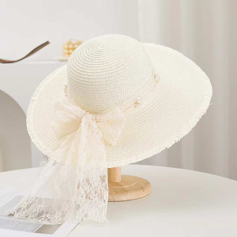 Lace Ribbon Wide Brim Straw Hat - Milk_White