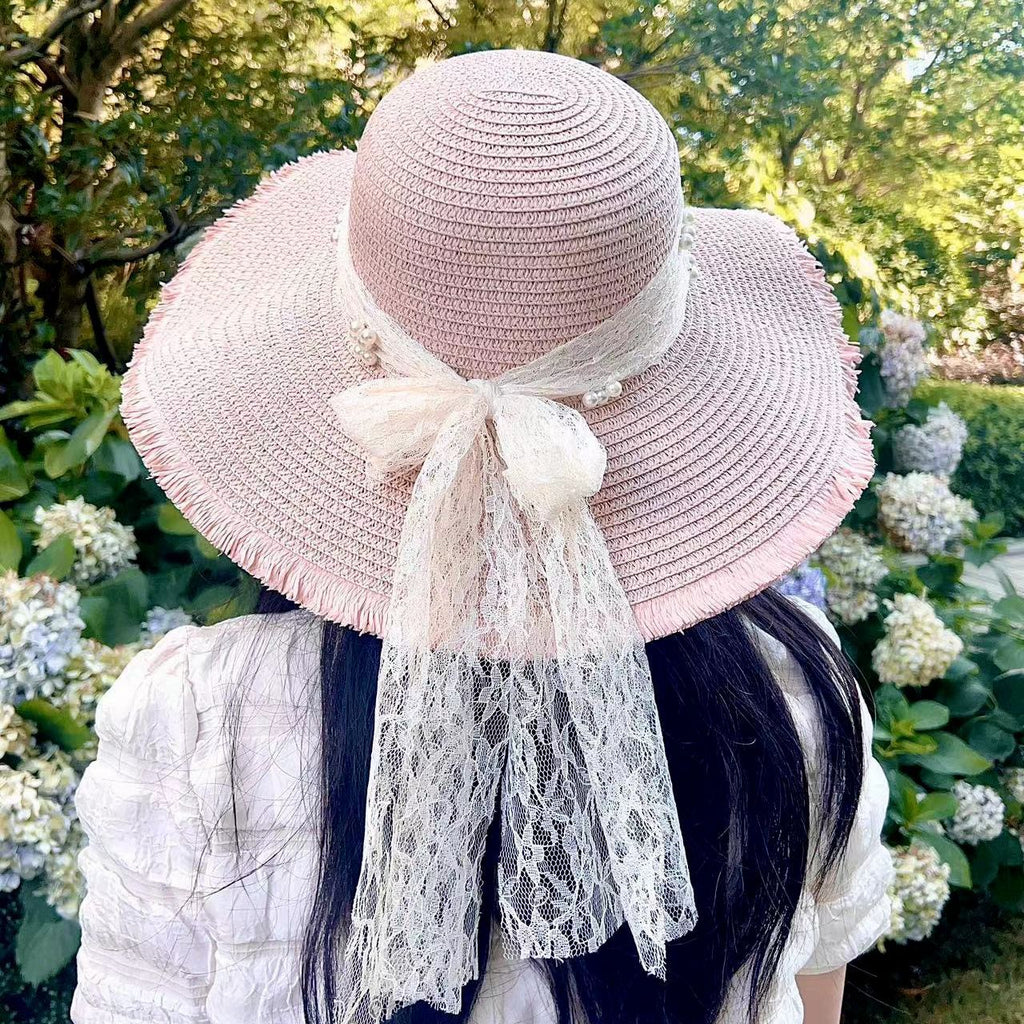 Lace Ribbon Wide Brim Straw Hat - Pink