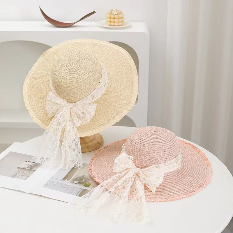 Lace Ribbon Wide Brim Straw Hat
