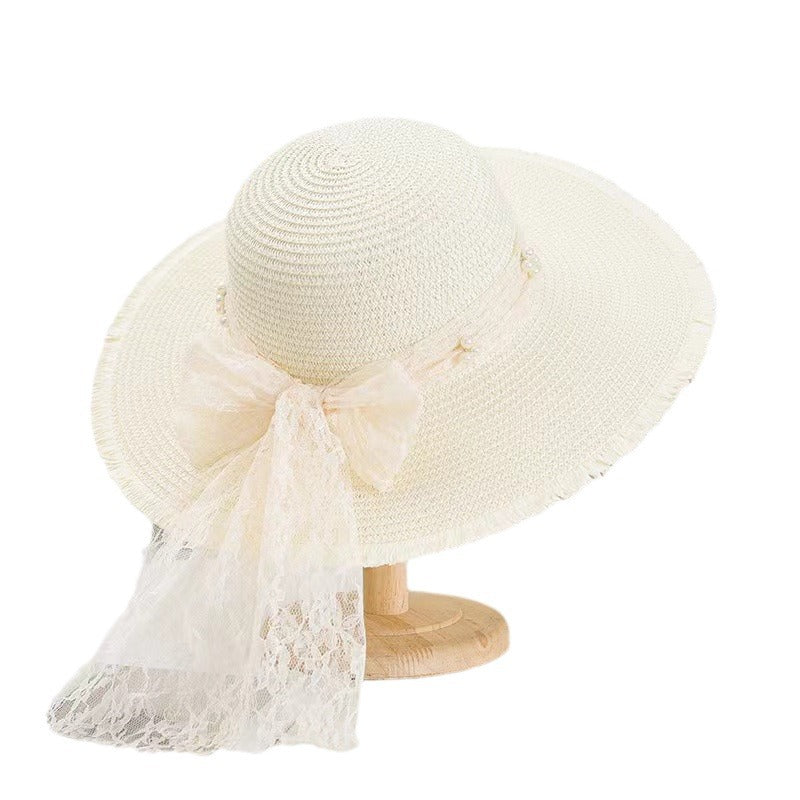 Lace Ribbon Wide Brim Straw Hat - view 1