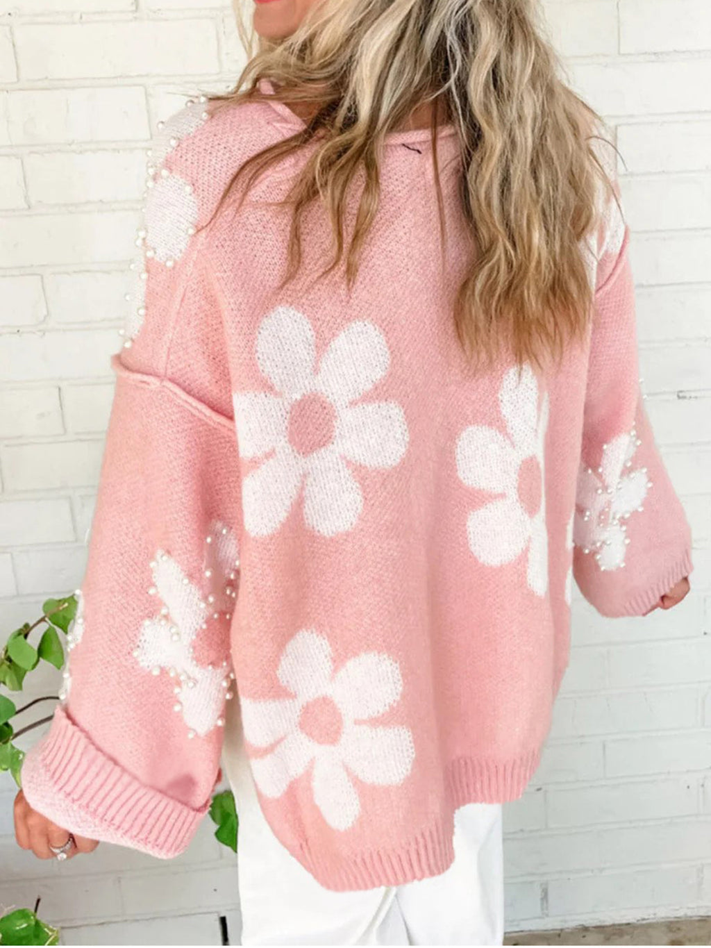 Daisy Floral Distressed Hem Knit Sweater - Pink - 2