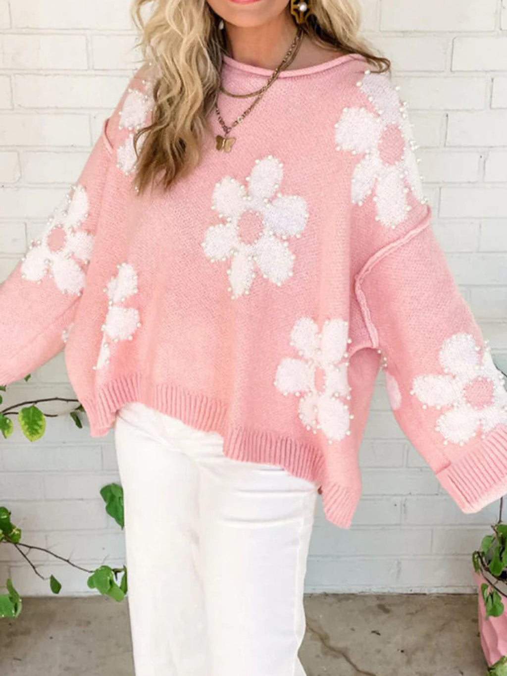 Daisy Floral Distressed Hem Knit Sweater - Pink - 3